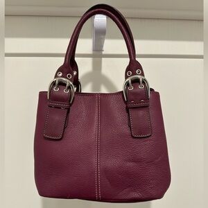 Tignanello Leather Double Handled Satchel Shoulder Bag Purse Deep Plum Buckles